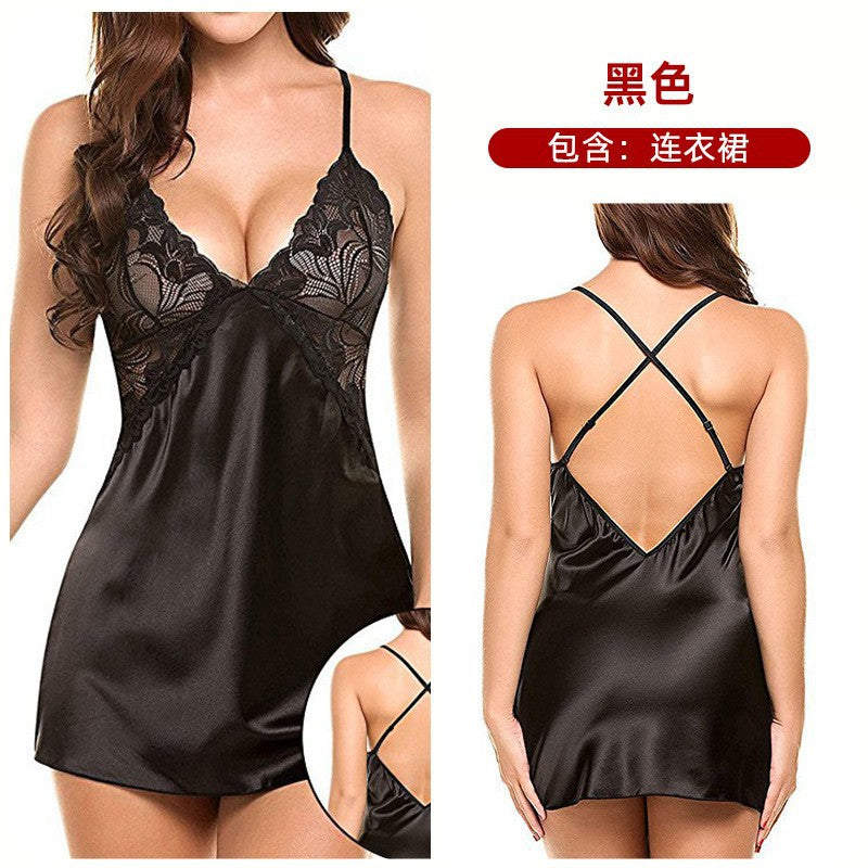 Women's Satin Lace Chemise Nightgown Sexy V Neck Sleep Dress Silk Feel Babydoll Lingerie Nightwear with Adjustable Straps - Seldom Seen Styles