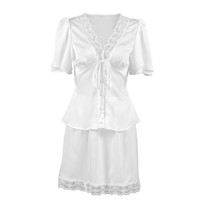 Women's Satin Lace Two Piece Skirt Set Elegant Short Sleeve Blouse and Mini Skirt