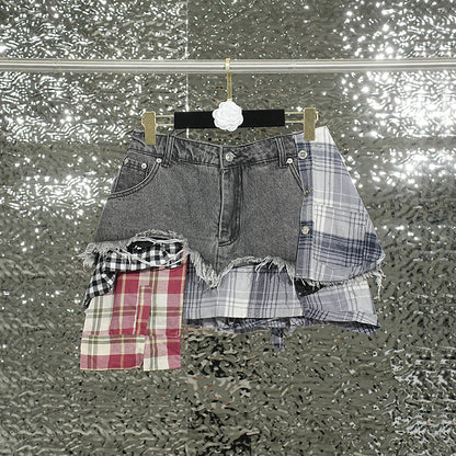 Kenna Grid Deconstruct Patchwork Mini Skirt In Blue