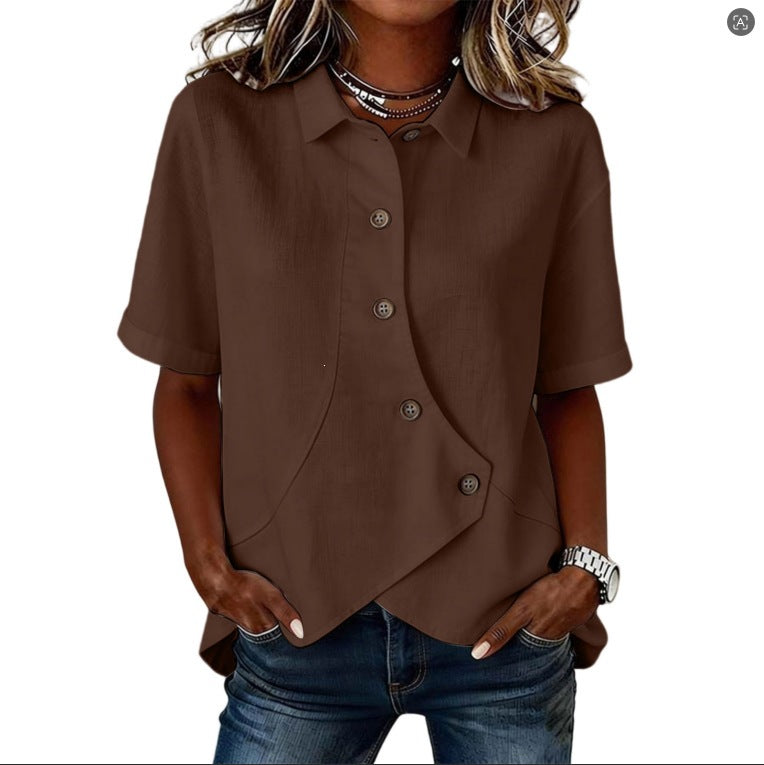 Women's Casual Solid Color Irregular Hem Button Up Short Sleeve Loose Top Summer Vacation Outfit - Seldom Seen Styles