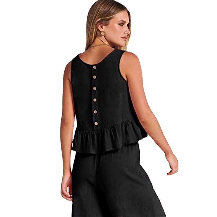 Women's Sleeveless Two Piece Pants Set Casual Ruffle Hem Top and Wide Leg Cropped Pants Matching Summer Outfit - Seldom Seen Styles