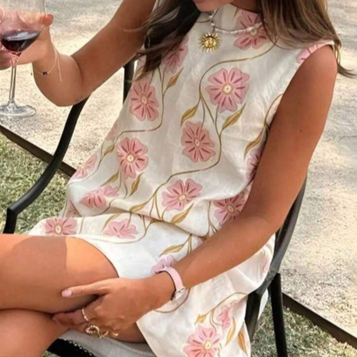 Women's summer new casual pink flower round neck sleeveless vest dress - Seldom Seen Styles