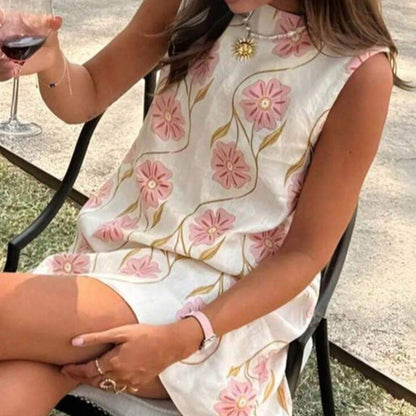 Women's summer new casual pink flower round neck sleeveless vest dress
