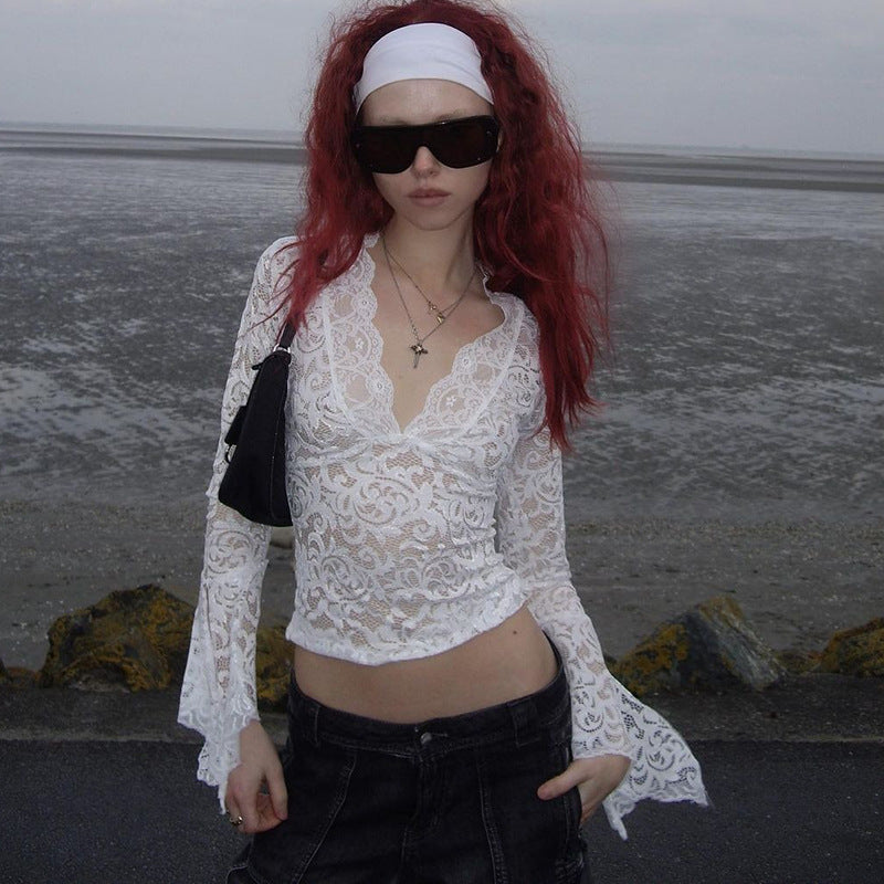 Ins Style Sexy Deep V Slim Fit Versatile Short Outcrop Lace Long Sleeve Spice Girl Wind Lace Top - Seldom Seen Styles
