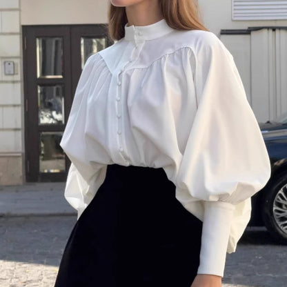 Women's Victorian Lantern Sleeve Blouse Elegant High Neck Long Sleeve White Shirt