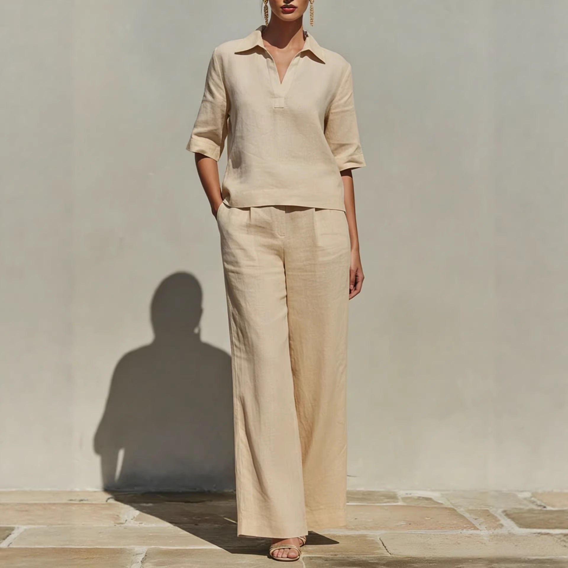 Women's Linen Two Piece Pants Set V Neck Blouse and Wide Leg Pants Casual Vacation Outfit - Seldom Seen Styles
