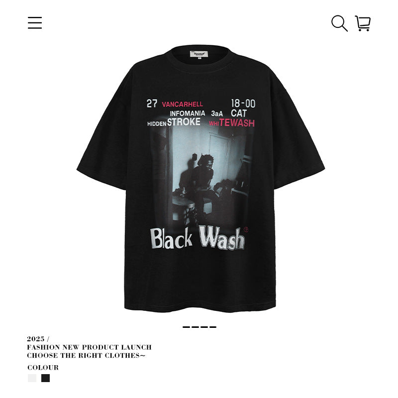 VANCARHELL Infomania Cat Hidden Stroke Black Wash T-shirt