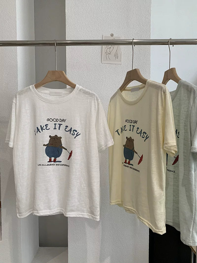Retro Cartoon Bear Graphic T-Shirt – “Take It Easy” Loose Fit Casual Summer Tee - Seldom Seen Styles