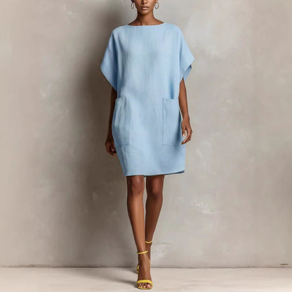 Women's Linen Blend Shift Dress Loose Fit Midi Dress with Pockets Casual Summer Vacation Outfit