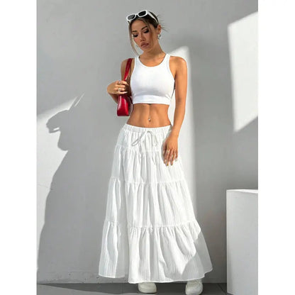 Women's Tiered Maxi Skirt - Elastic Waist - Drawstring Tie