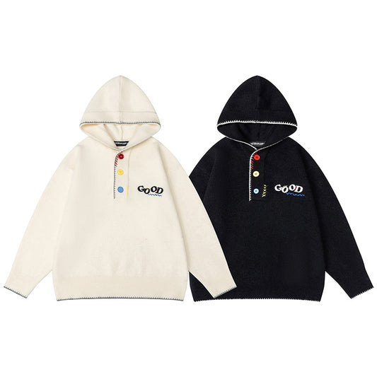 Women's Embroidered Knit Hoodie Colorful Button Placket Oversized Casual Korean Niche Pullover Sweater Autumn | Good Button