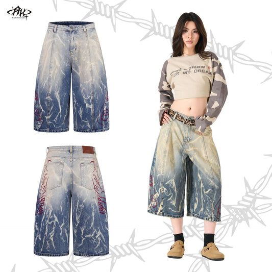 Retro Embroidery Heavy Washed Loose Lantern Cropped Shorts Hip Hop Vintage American Street Trendy Casual Denim | Bloom Lantern