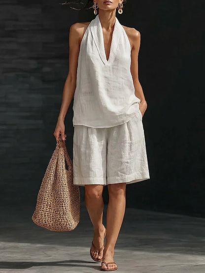 Women's Linen Blend Halter Neck Top and Shorts Set Casual Summer Two Piece Resort Outfit