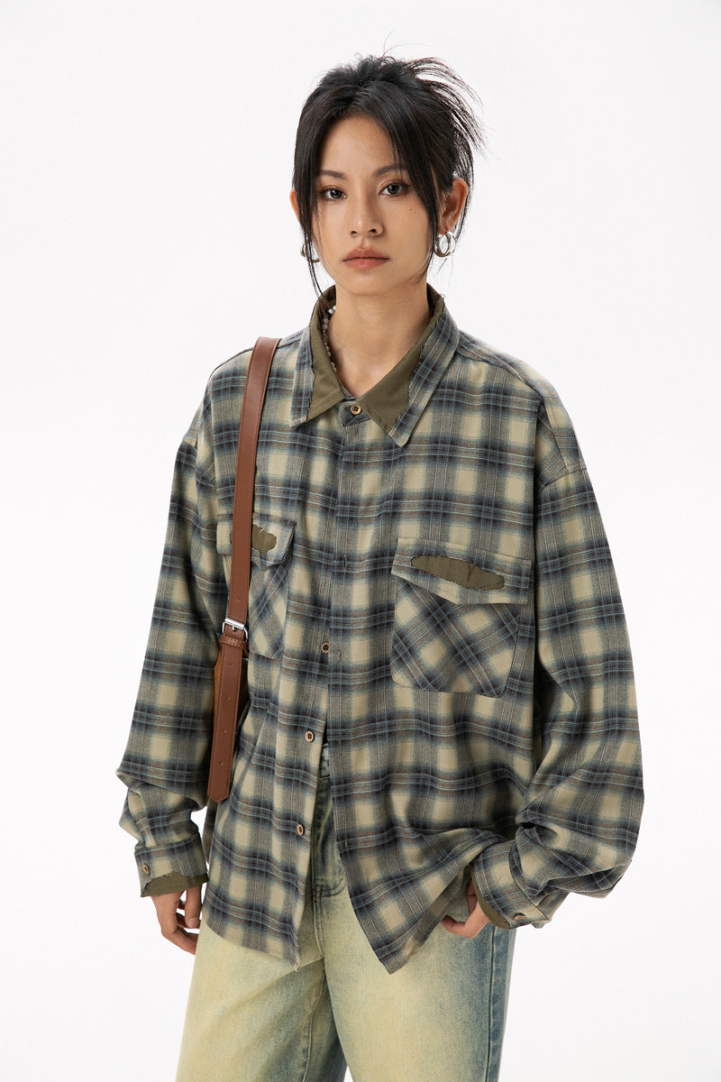 Japanese Retro Patch Splicing Plaid Long Sleeve Shirt Loose Couple Casual Street Trendy | Patch Plaid Shirt