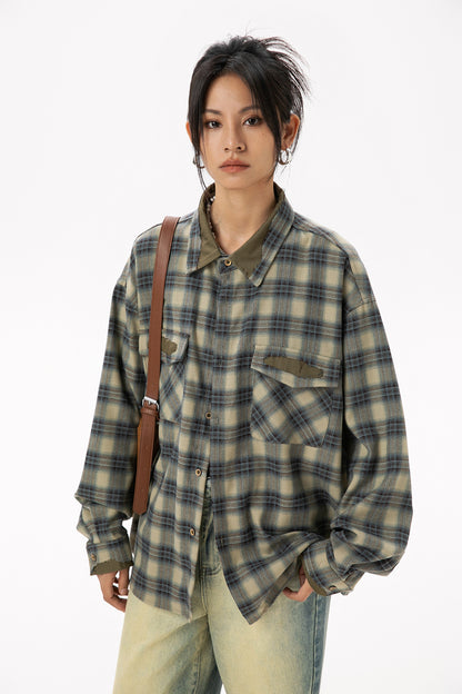 Japanese Retro Patch Splicing Plaid Long Sleeve Shirt Loose Couple Casual Street Trendy | Patch Plaid Shirt