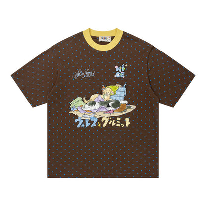 Crew Neck Short Sleeve Polka Dot Cartoon Graphic Print T-Shirt Loose Oversized Japanese Style Casual Couple Summer Top | Dot Munch