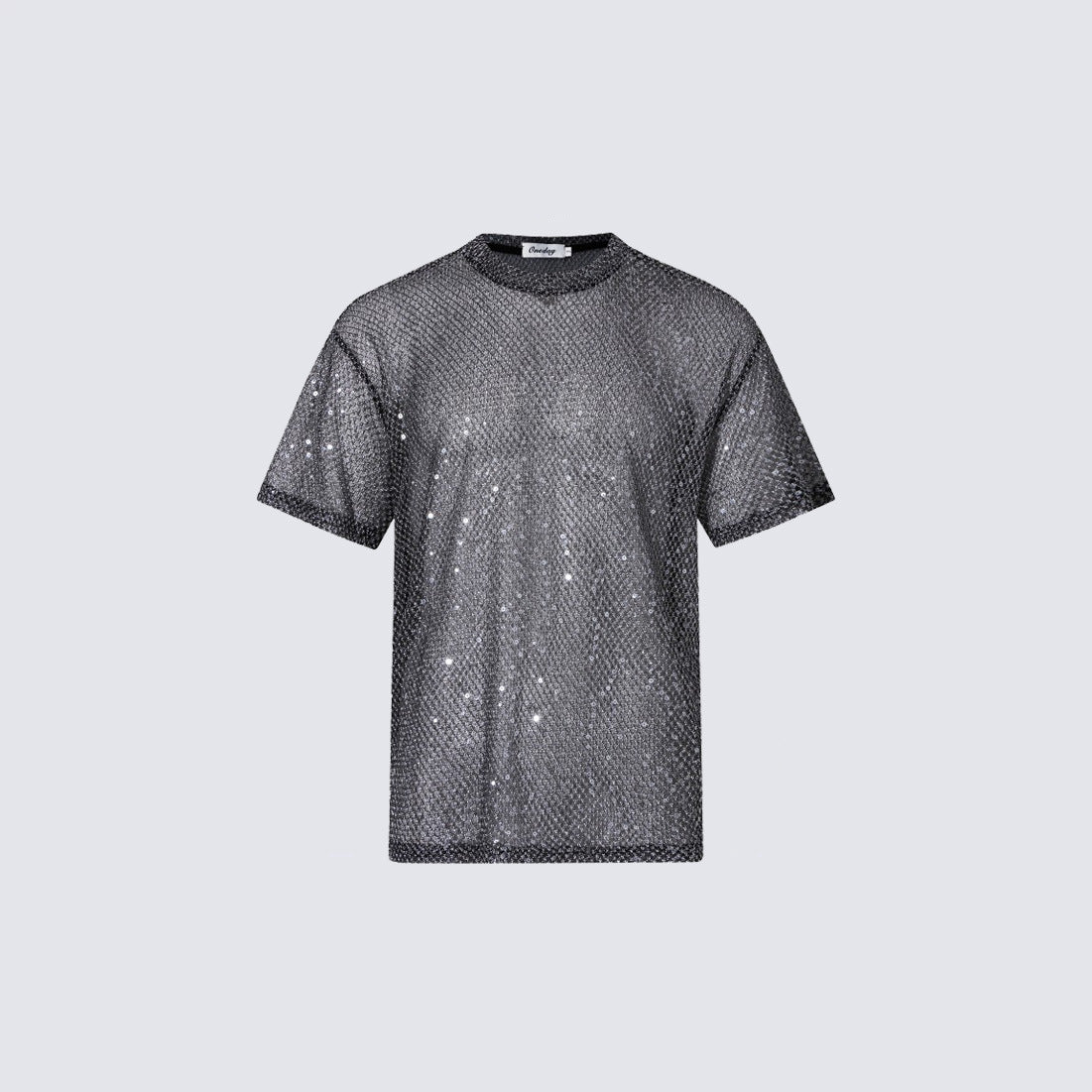 WDIRARA Men's Rhinestone Mesh Sheer T Shirt