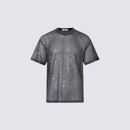 WDIRARA Men's Rhinestone Mesh Sheer T Shirt