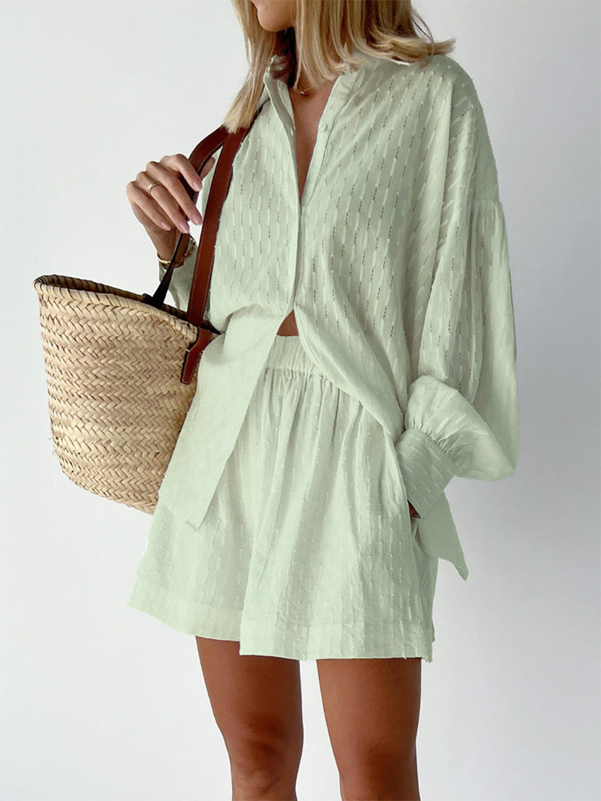 Women's Jacquard Bubble Sleeve Shirt Shorts Two-Piece Set Casual Commuter Chic Summer Outfit - Seldom Seen Styles