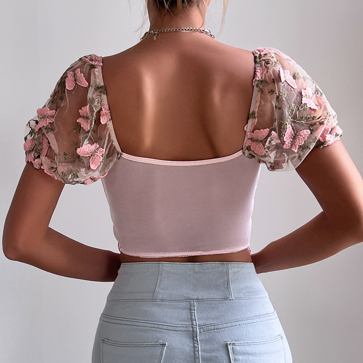 Embroidery Sweetheart Neck Short Sleeve Lace Trim Blouse - Seldom Seen Styles