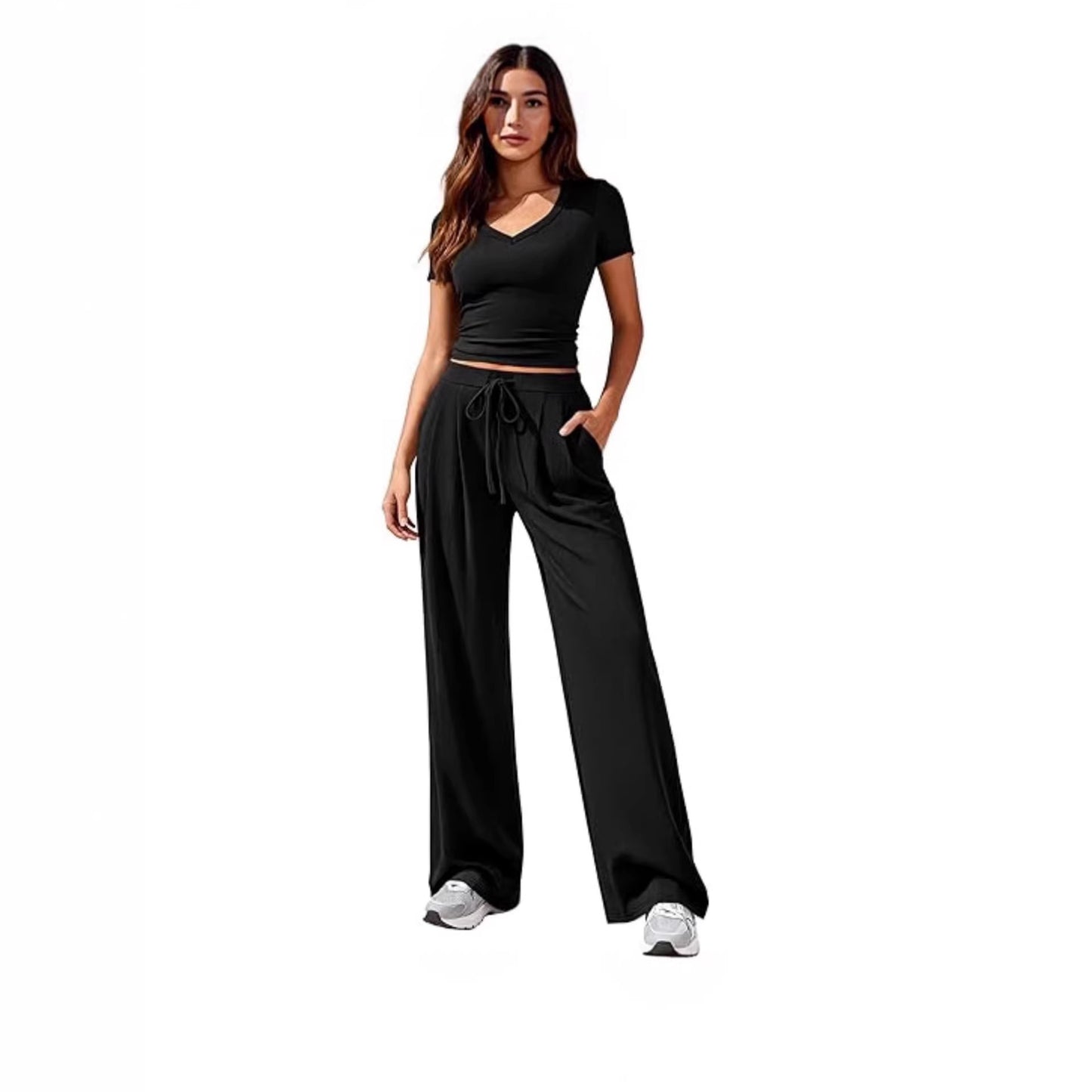 Women's Solid Color V-Neck Top Wide Leg Trousers Two Piece Set Casual Summer Vacation Outfit - Seldom Seen Styles