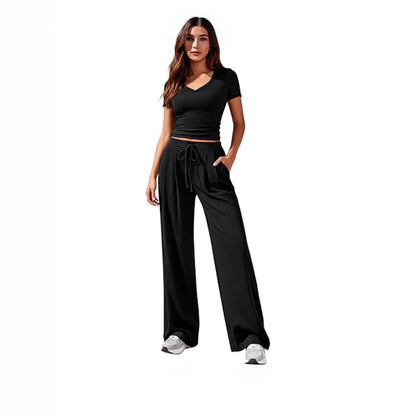 Women's Solid Color V-Neck Top Wide Leg Trousers Two Piece Set Casual Summer Vacation Outfit