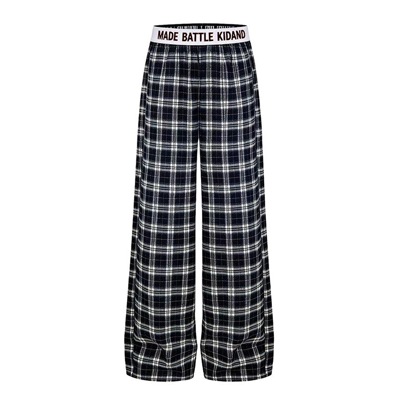 DARKAGE Plaid Wide-Leg Pants with Lettering Waistband