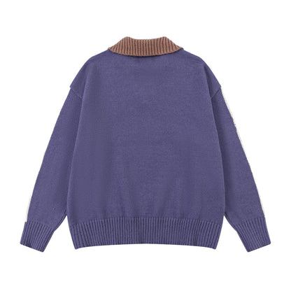 V-Neck Lapel Long Sleeve Color Block Letter Print Knit Sweater Loose Oversized Vintage College Style Autumn Winter Pullover | Attack Knit