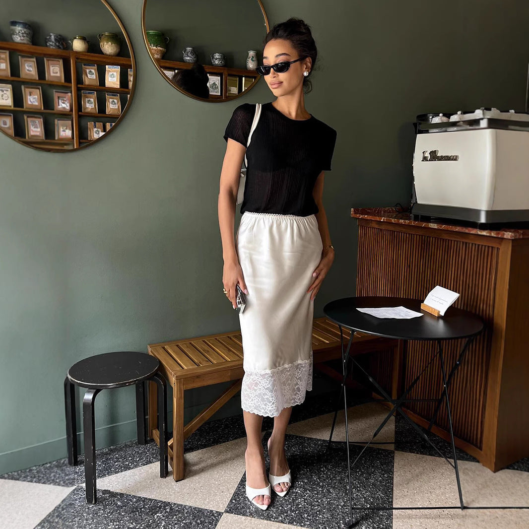 Lace splicing skirt women's summer new solid color satin lace skirt - Seldom Seen Styles