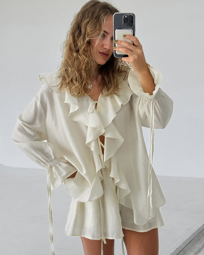 Ensemble Décontracté Top Uni Volanté à Lacets et Short Ample à Taille Élastique avec Poches