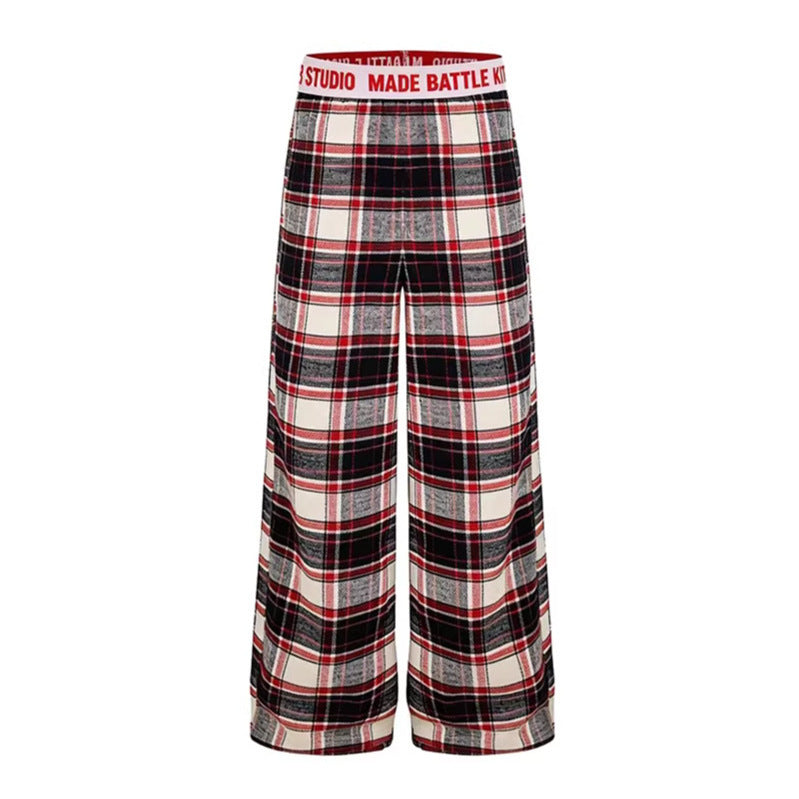 DARKAGE Plaid Wide-Leg Pants with Lettering Waistband