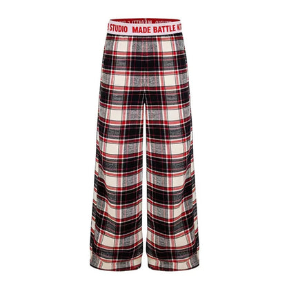 DARKAGE Plaid Wide-Leg Pants with Lettering Waistband