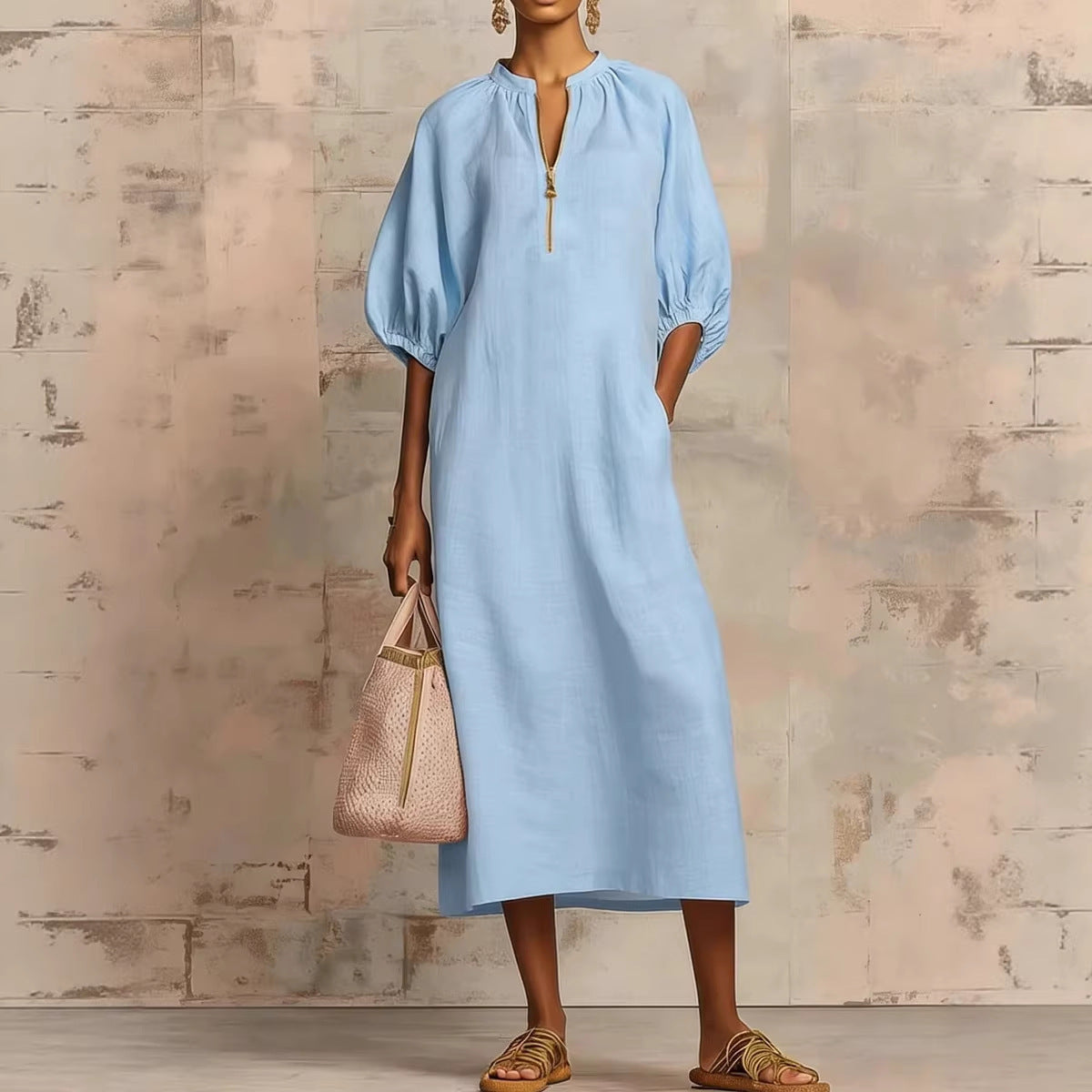 Women's Cotton Linen Midi Dress Puff Sleeve Loose Fit Casual Summer Dress V Neck Boho Maxi Dress with Pockets - Seldom Seen Styles