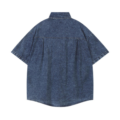 Cat Bag Patch Denim Shirt Fake Messenger Bag Embroidery Loose Fit Couple Niche Japanese Streetwear Button-Up | Cat Bag Denim Shirt