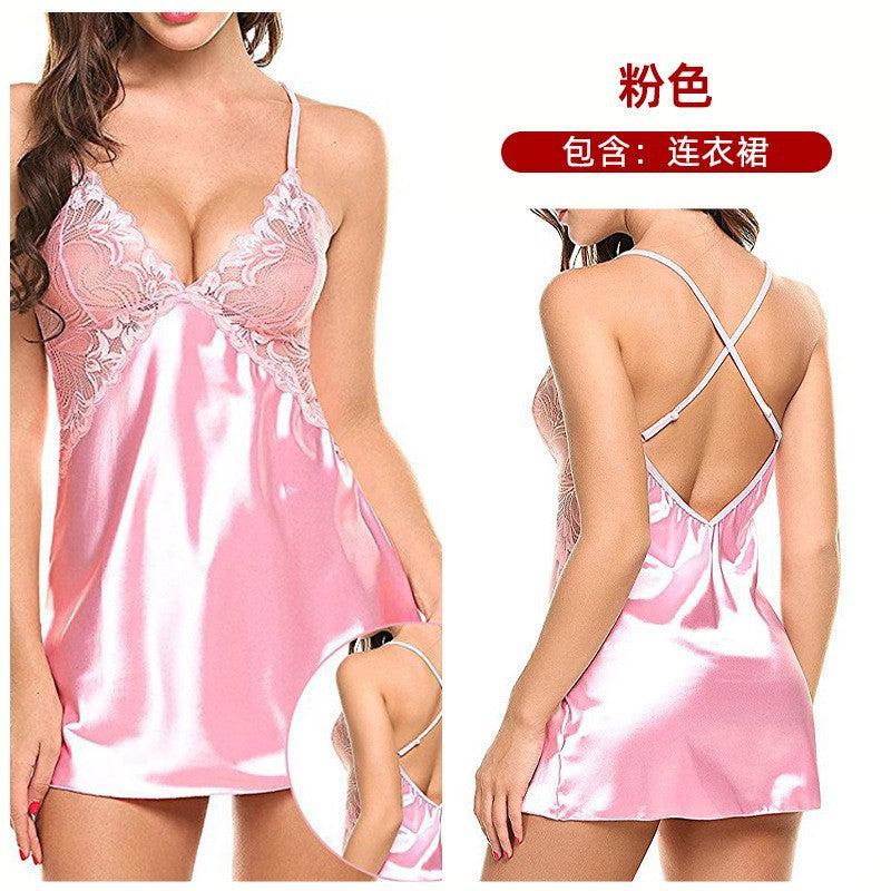 Women's Satin Lace Chemise Nightgown Sexy V Neck Sleep Dress Silk Feel Babydoll Lingerie Nightwear with Adjustable Straps - Seldom Seen Styles