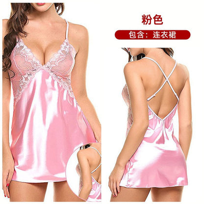 Women's Satin Lace Chemise Nightgown Sexy V Neck Sleep Dress Silk Feel Babydoll Lingerie Nightwear with Adjustable Straps