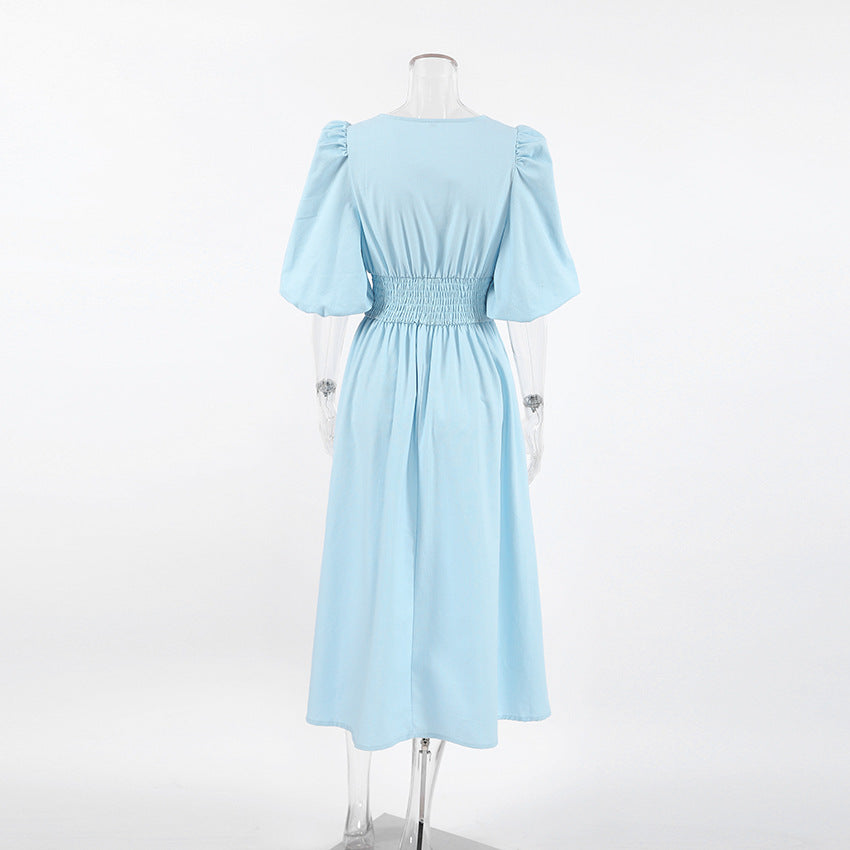 Women's Puff Sleeve Midi Dress Tie Front Cottagecore Vacation Summer Dress - Seldom Seen Styles