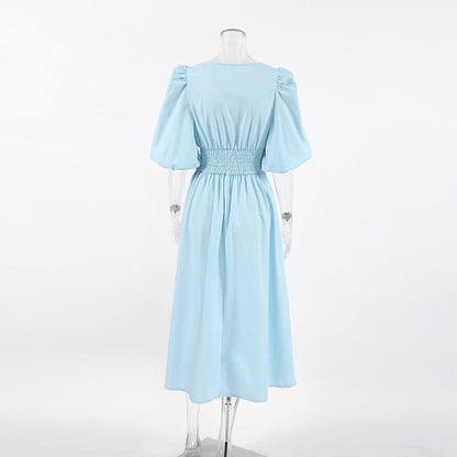 Women's Puff Sleeve Midi Dress Tie Front Cottagecore Vacation Summer Dress