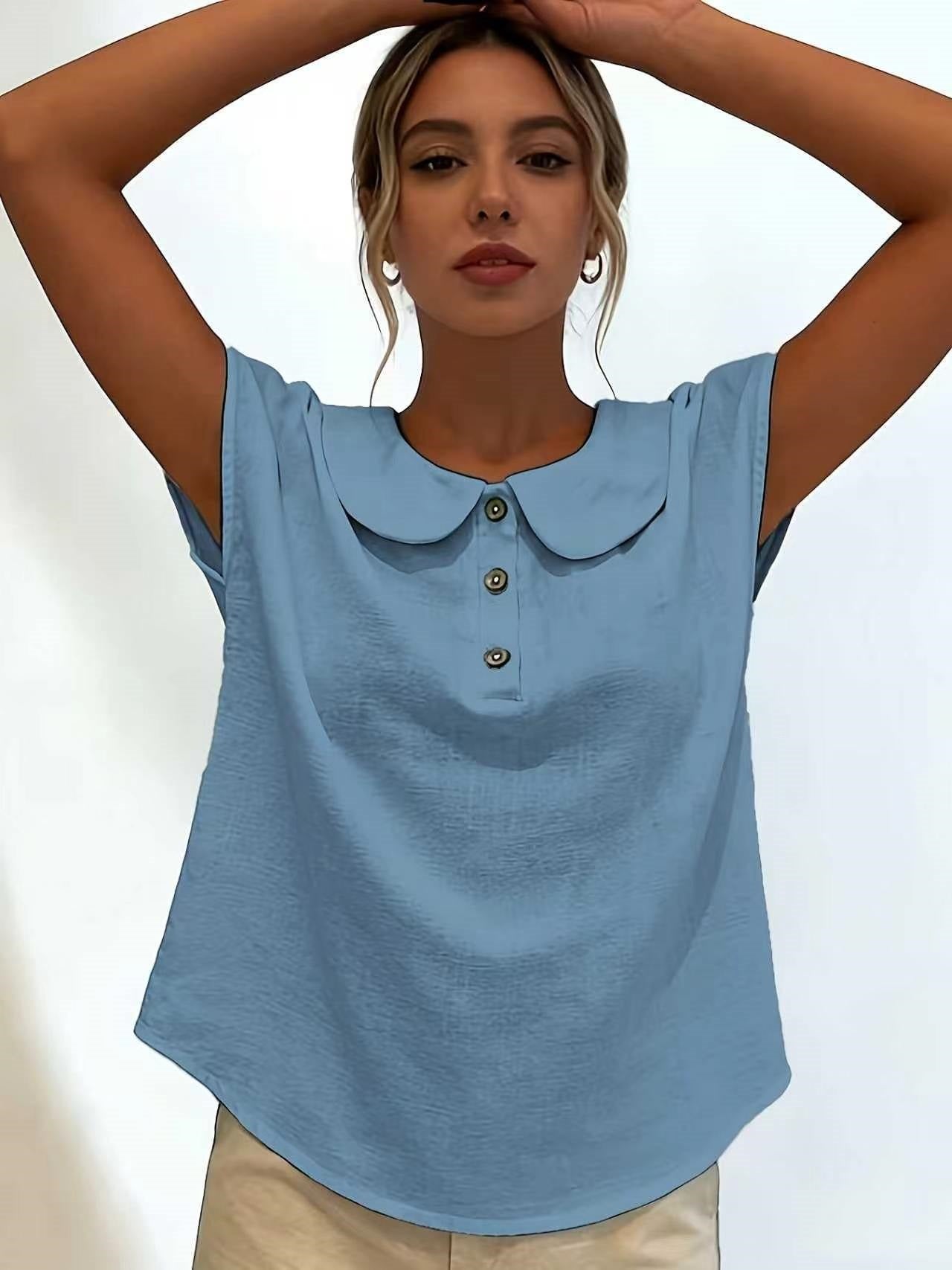 Women's Solid Color Short Sleeve Lapel Button-Up Top Shirt Casual Summer Beach Vacation - Seldom Seen Styles
