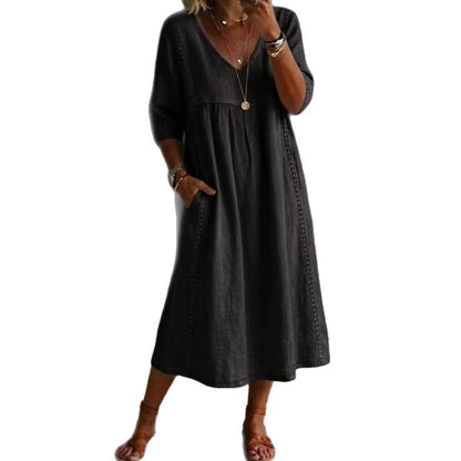 Women's V-Neck Lace Trim Linen Cotton Dress Loose Casual Summer Beach Vacation Dress