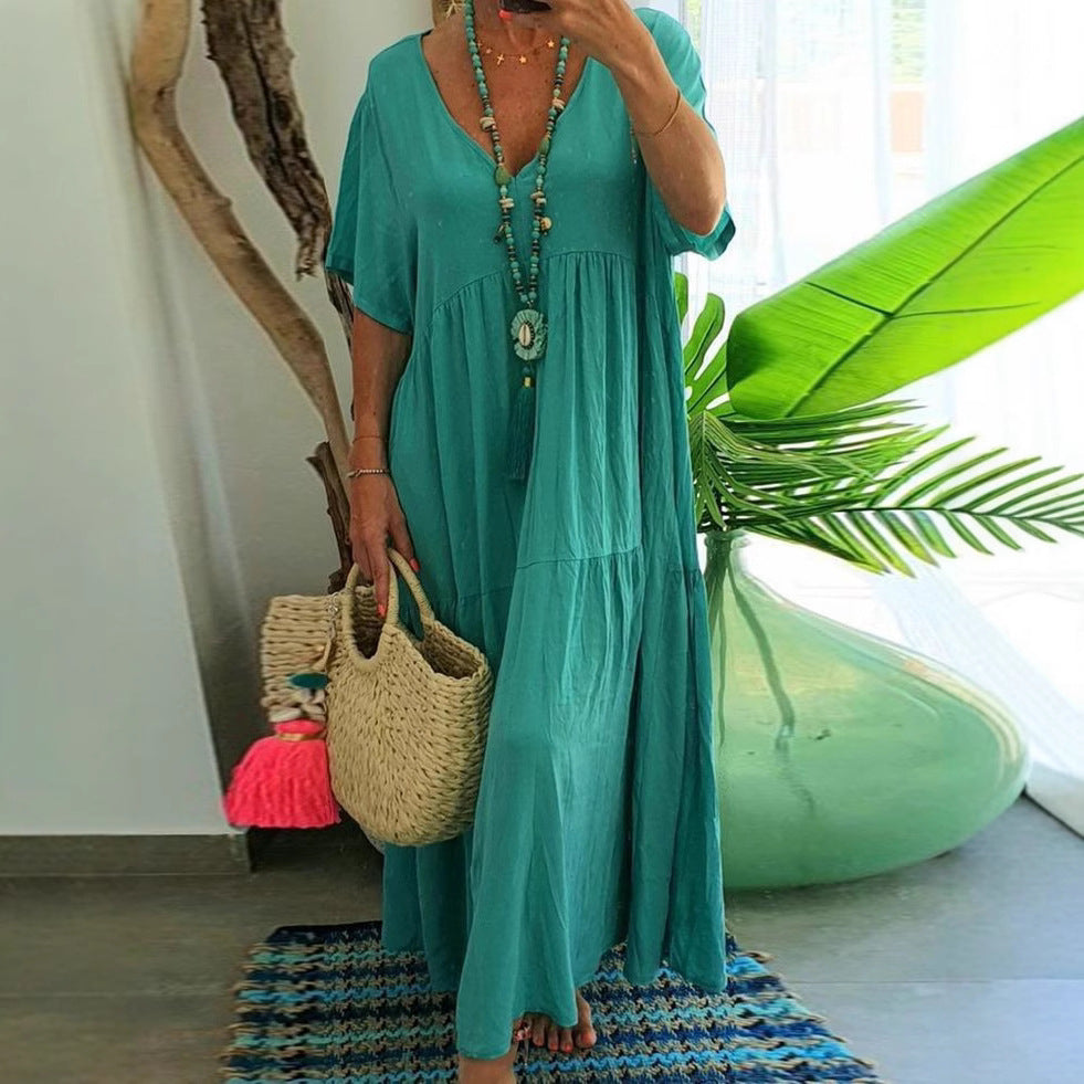 Women's Solid Color Loose V-Neck Short Sleeve Big Swing Maxi Dress Summer Casual Vacation Outfit Plus Size - Seldom Seen Styles