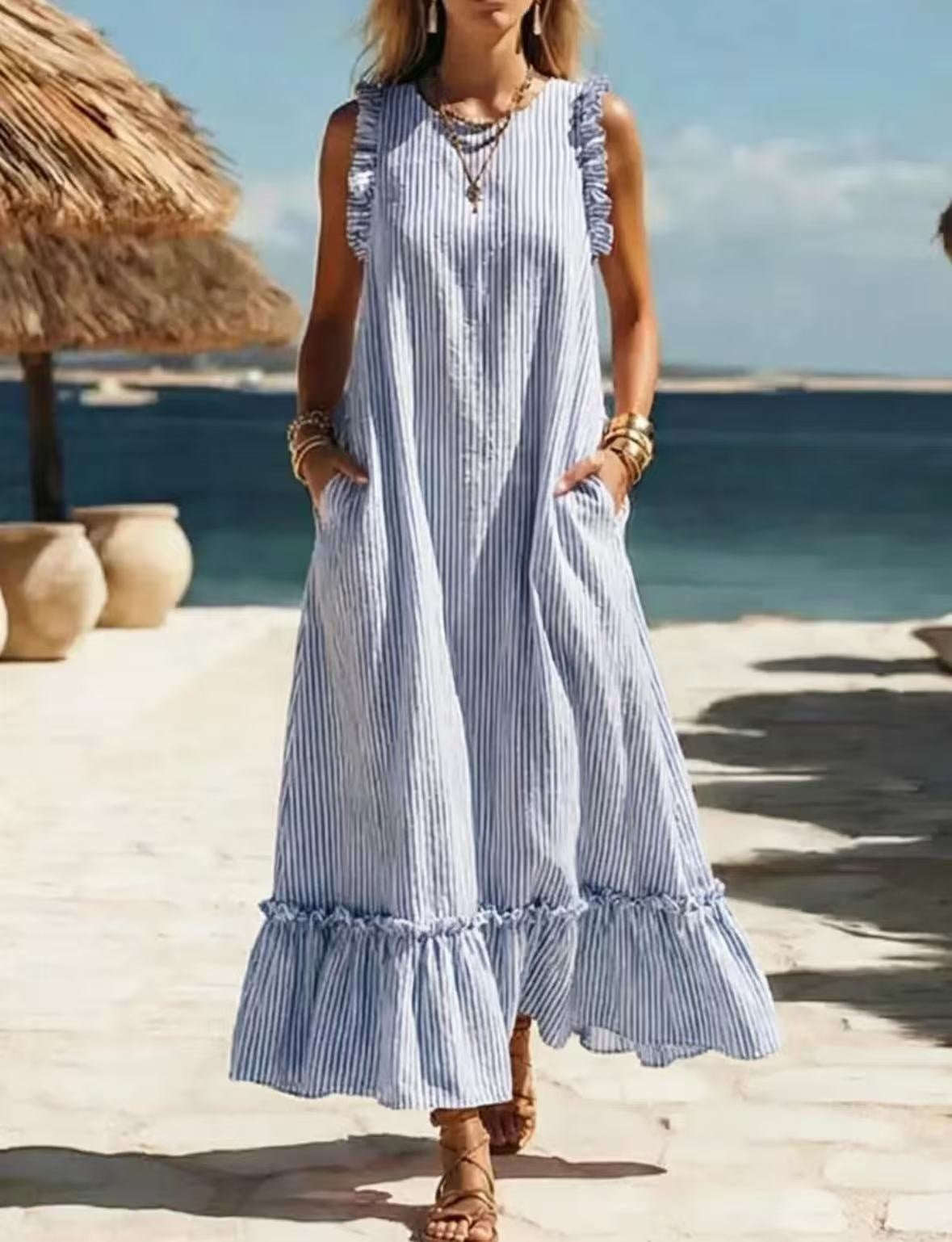 Women's Striped Sleeveless Ruffle Hem Loose Dress Casual Summer Beach Vacation Midi Dress - Seldom Seen Styles