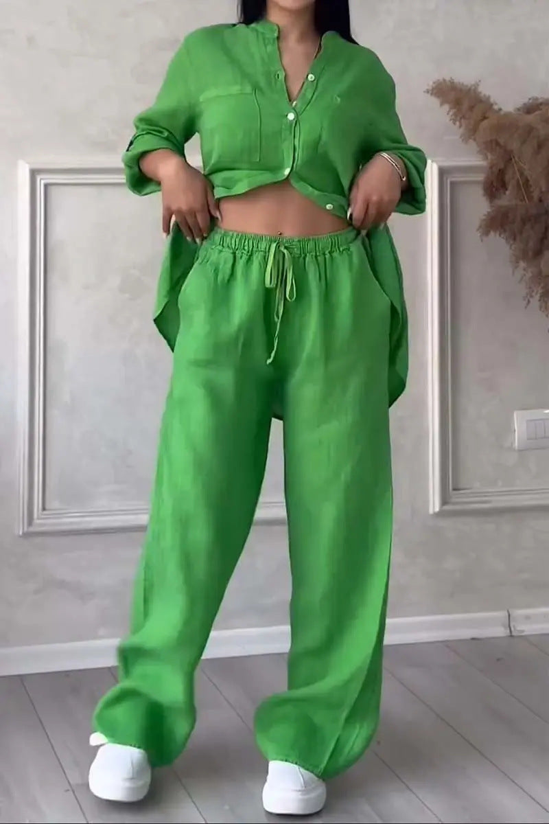 Women's Linen Two Piece Set Button Down Shirt and Wide Leg Pants Casual Matching Outfit Summer Vacation Co Ord Set