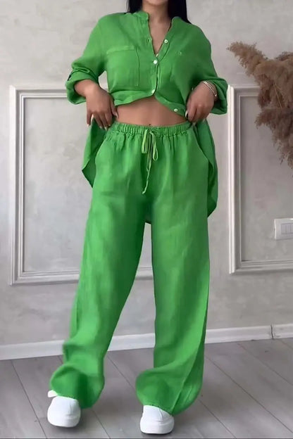 Women's Linen Two Piece Set Button Down Shirt and Wide Leg Pants Casual Matching Outfit Summer Vacation Co Ord Set