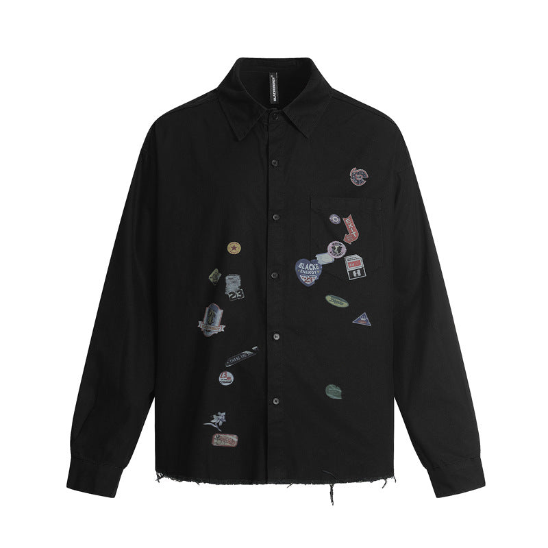 American Cartoon Sticker Print Raw Edge Long Sleeve Shirt Loose Casual Vibe Washed Trendy | Sticker Raw Shirt