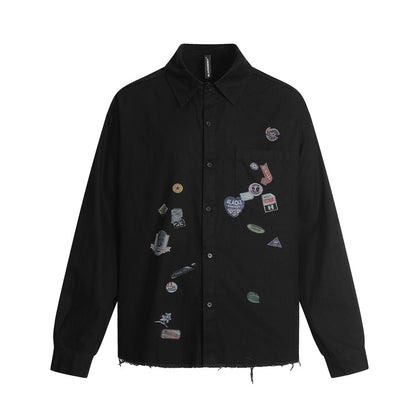 American Cartoon Sticker Print Raw Edge Long Sleeve Shirt Loose Casual Vibe Washed Trendy | Sticker Raw Shirt