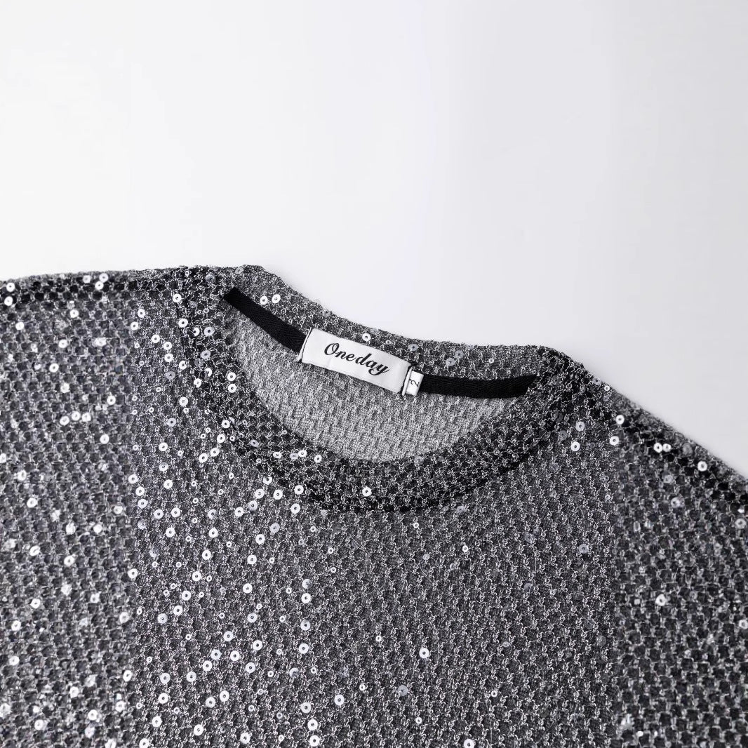 WDIRARA Men's Rhinestone Mesh Sheer T Shirt