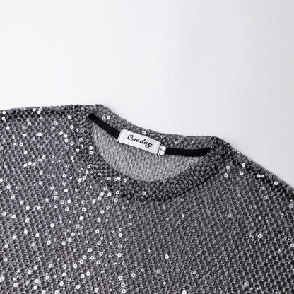 WDIRARA Men's Rhinestone Mesh Sheer T Shirt