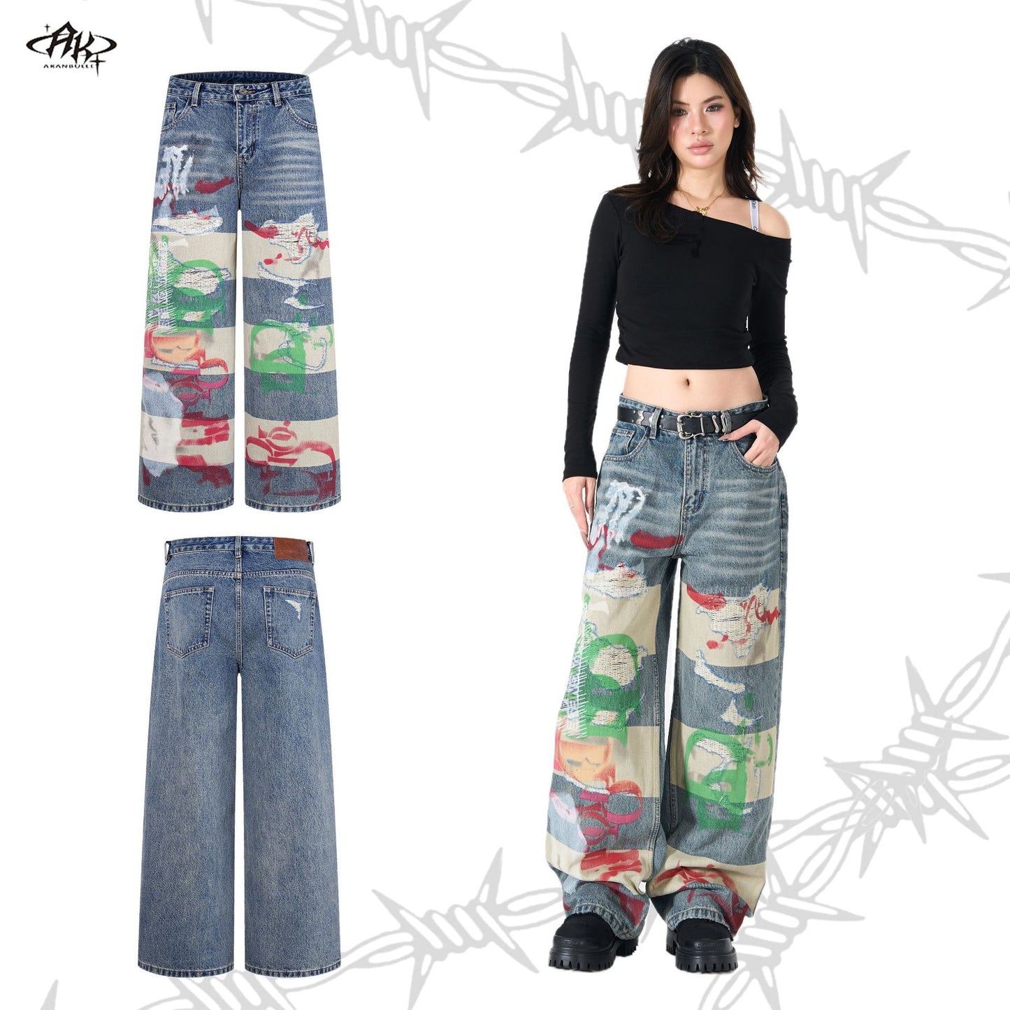 Graffiti Digital Spray Hole Patch Washed Heavy Straight Jeans Retro American Trendy Casual Denim Trousers | Spray Patch