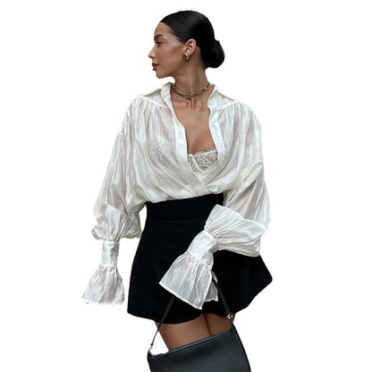 Autumn New Sweet and Fresh Loose Lapel Lantern Sleeve Long Sleeve Shirt Women's Top
